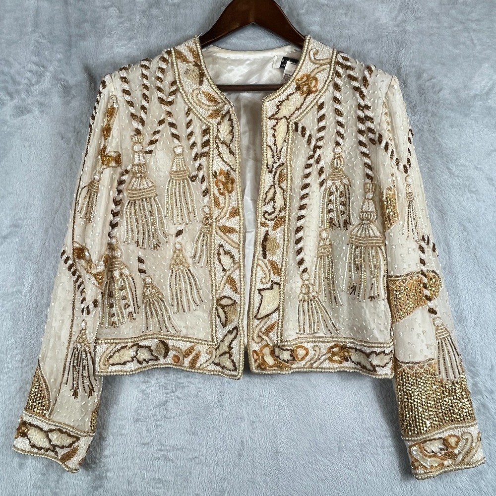 Vintage Niteline Della Roufogali Womens M Silk Beaded Tassel Evening Jacket Gold - Picture 3 of 16